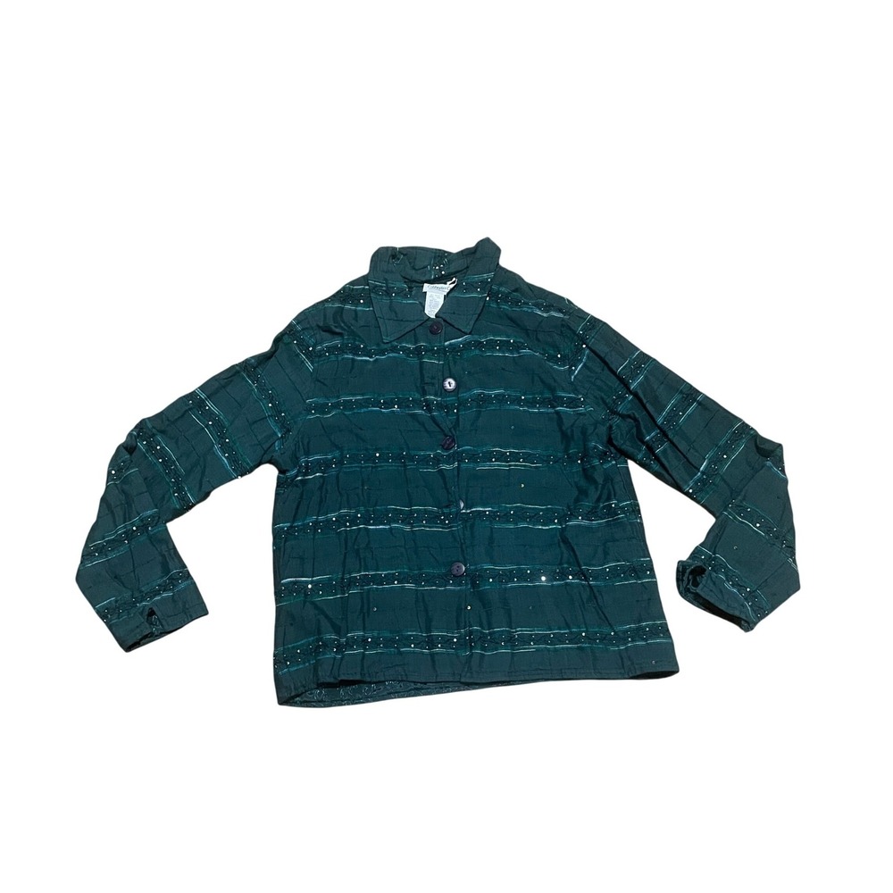Coldwater Creek Lg Forest Green Sequin Stripe Reversible Floral Artsy Jacket NWT